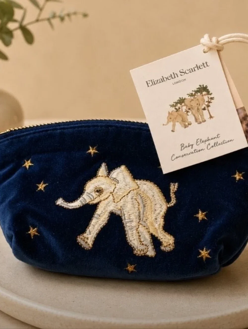 Elizabeth Scarlet Navy Velvet Pouch with Gold-Embroidered Baby Elephant NWT